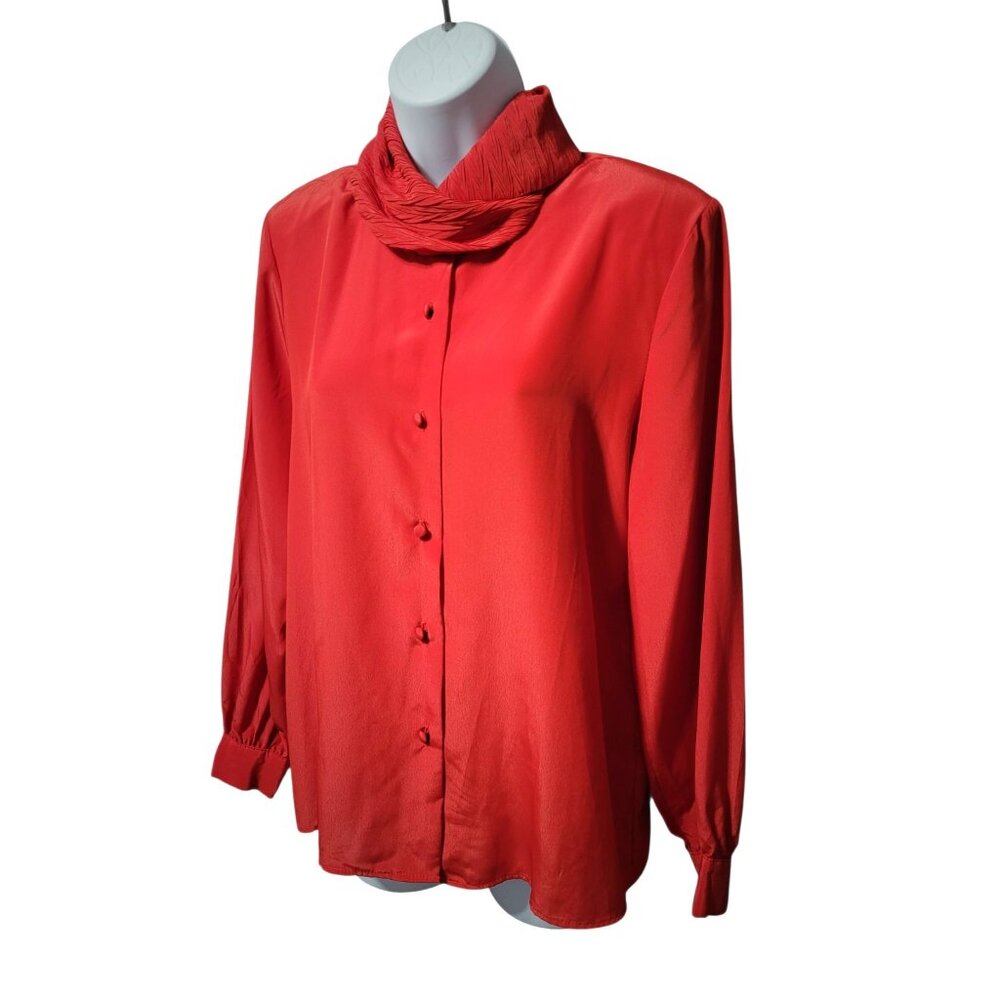 Lauren‎ Lee Long Sleeve Top Women's Button Up Blouse 10 High Cowl Neck Red